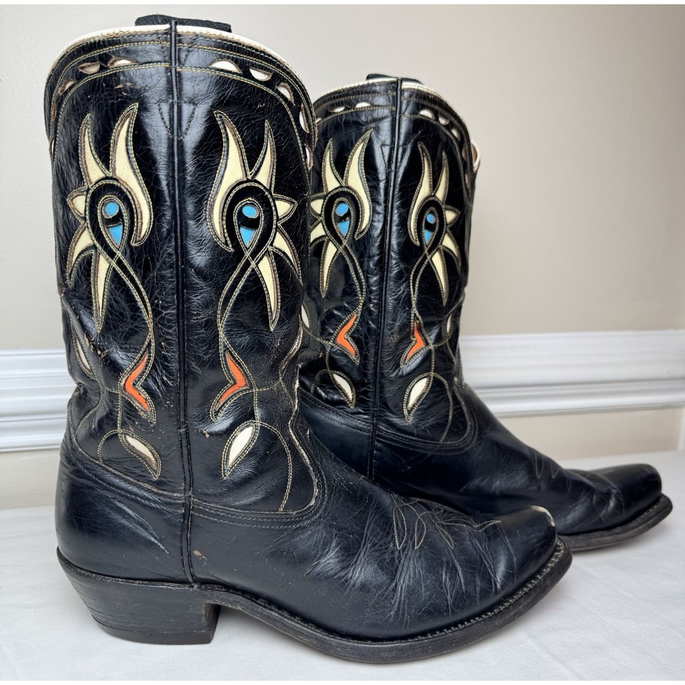 Vintage ACME Cowboy Boots 1940s 50s Black Leather Inlay Shorty Pee Wee Sz 8